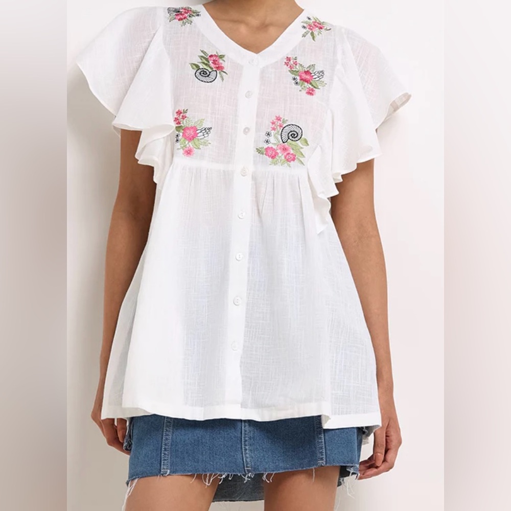 Utsa embroidered off white cotton top flutter sleeve tunic top